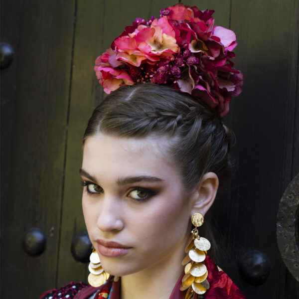 ramillete de flamenca con flores en tonos buganvilla